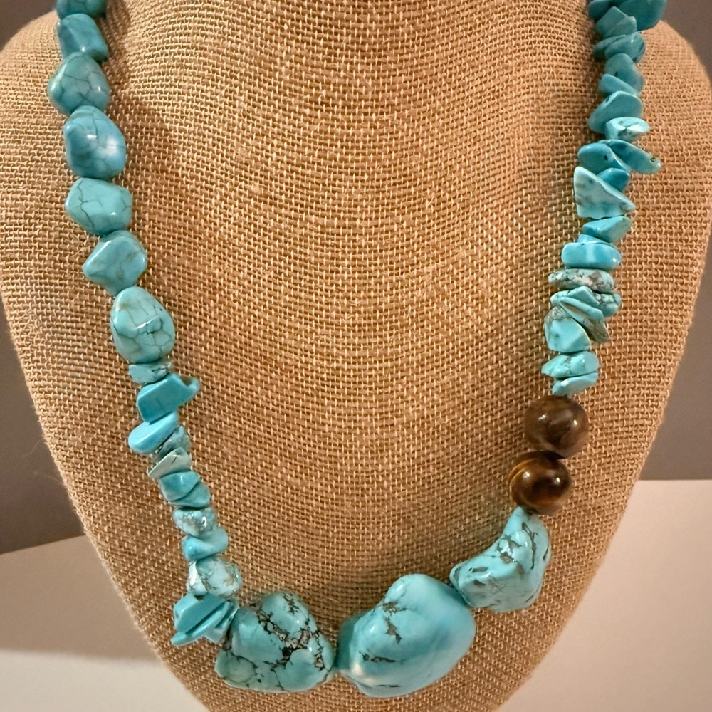 Statement Necklace Turquoise Colored Howlite Tiger Eye